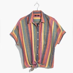 Madewell Linen Blend Striped Short-Sleeve Button-Down with Front Tie, XS